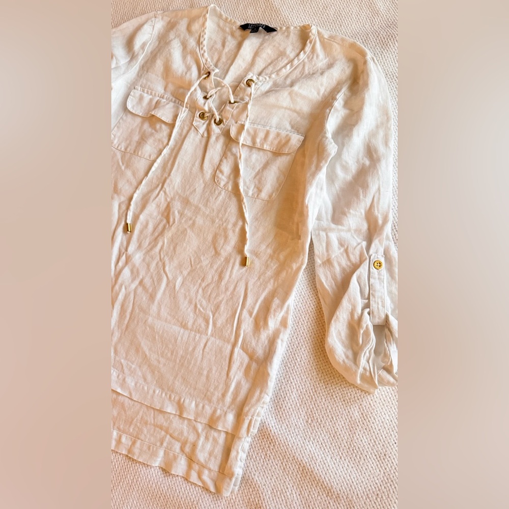 ELLEN TRACY White Linen Lace-Up Blouse Women’s Top - Picture 3 of 13